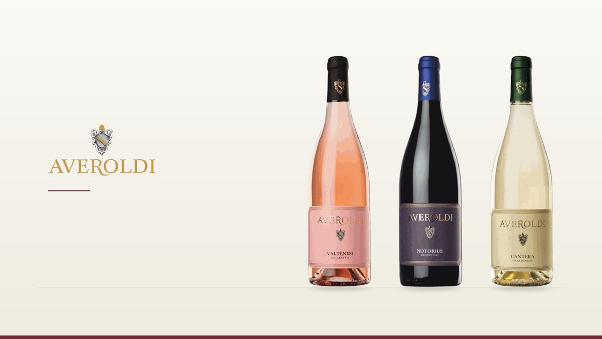 The Averoldi logo beside three of its bottles: Valtenesi Chiaretto, Notorius Groppello and Cantera