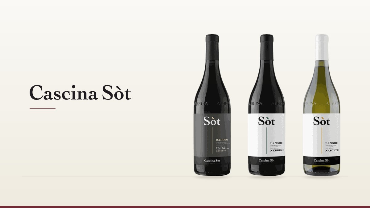 The Cascina Sot logo beside three of its bottles: Barolo Bricco San Pietro Riserva, Nebbiolo, Nascetta