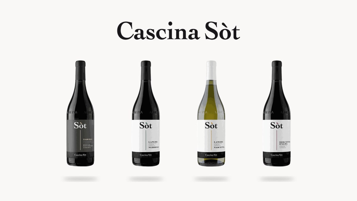 Four Cascina Sot bottles - Barolo, Langhe Nebbiolo, Nascetta and Dolcetto - with the winery logo on cream