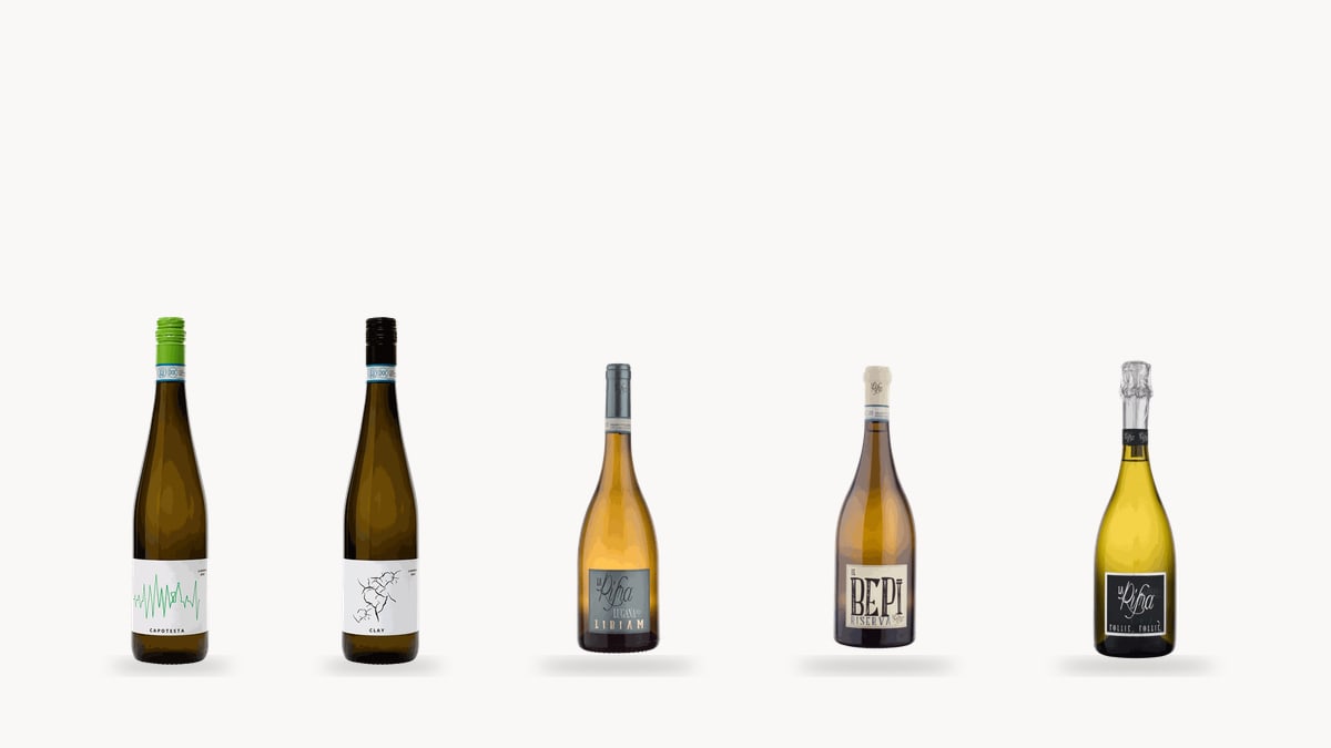 The five Lugana DOC wines from Cascina Maddalena and la Rifra, on a plain cream background