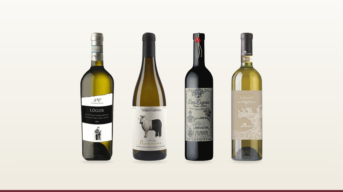 Four bottles from four Marche wineries in the Winesal portfolio, on a plain cream background