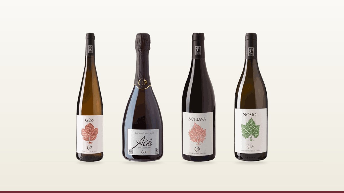 Four Eredi di Cobelli Aldo bottles from Trentino, on a plain cream background