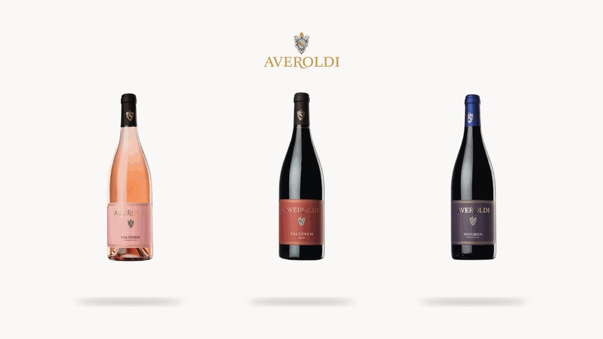 Averoldi Valtenesi Chiaretto, Zeus and Notorius Groppello with the winery logo, on cream