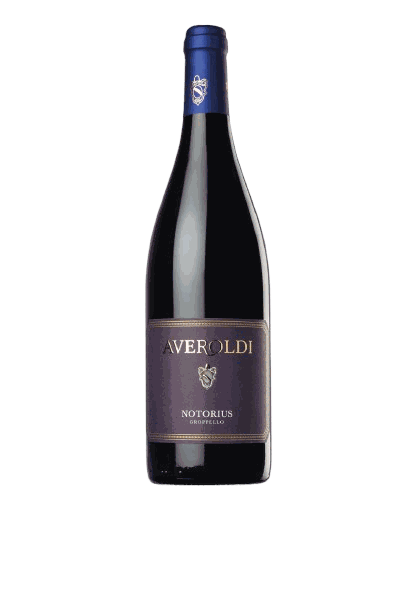 Bottle of Averoldi Notorius red wine, labelled AVEROLDI, NOTORIUS, GROPPELLO on a deep purple panel