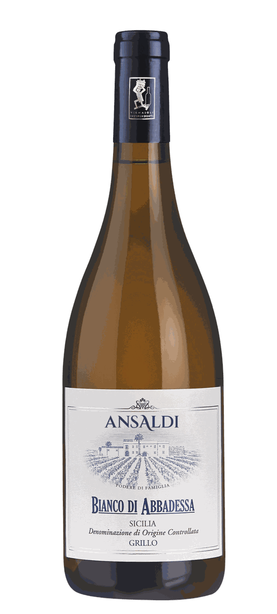 Bottle of Bianco di Abbadessa Grillo from Ansaldi, a white wine labelled DOC Sicilia