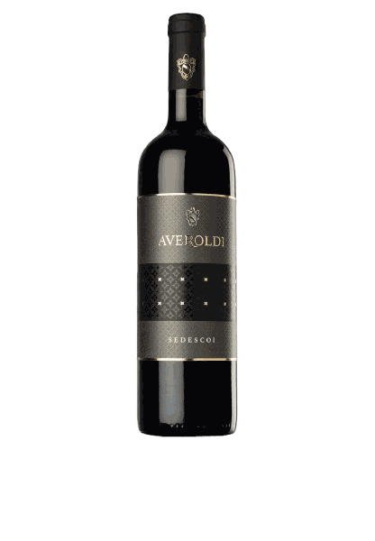Bottle of Averoldi Sedescoi, a Benaco Bresciano IGT barrique-aged red, with a dark grey and gold patterned label