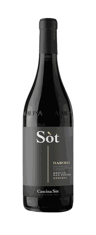 Bottle of Barolo Bricco San Pietro Riserva from Cascina Sòt, a Nebbiolo from Monforte d’Alba