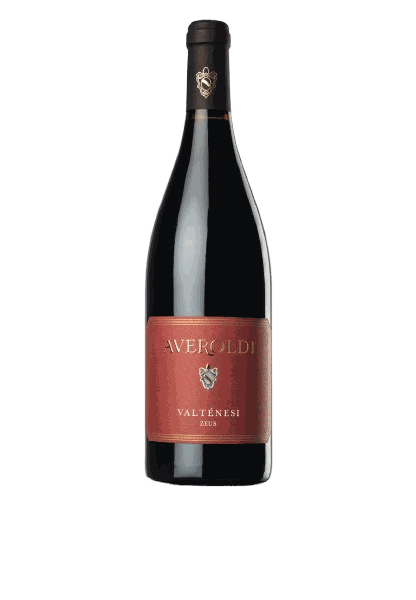 Bottle of Averoldi Zeus, a red wine whose label reads AVEROLDI, VALTÈNESI, ZEUS on a red panel